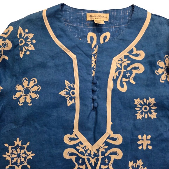 Marisa Christina Woman Blue White Floral Tunic Top 1X Linen Blend - Picture 2 of 7